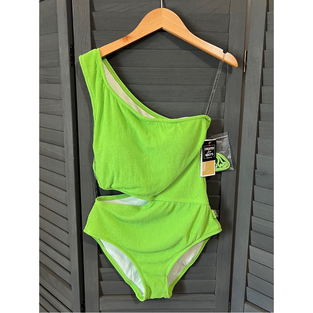 Michael Kors Green Apple Ribbed One Shoulder Cutout One Piece Swimsuit 8
